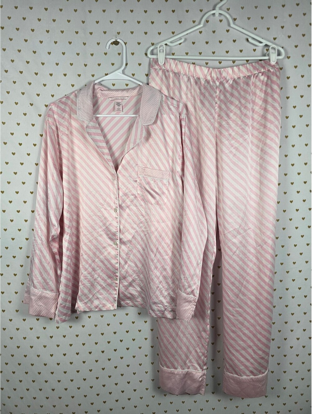 Victorias Secret Sleep SET 2pc Outfit Pajama Satin Iconic Striped Shirt Pants L